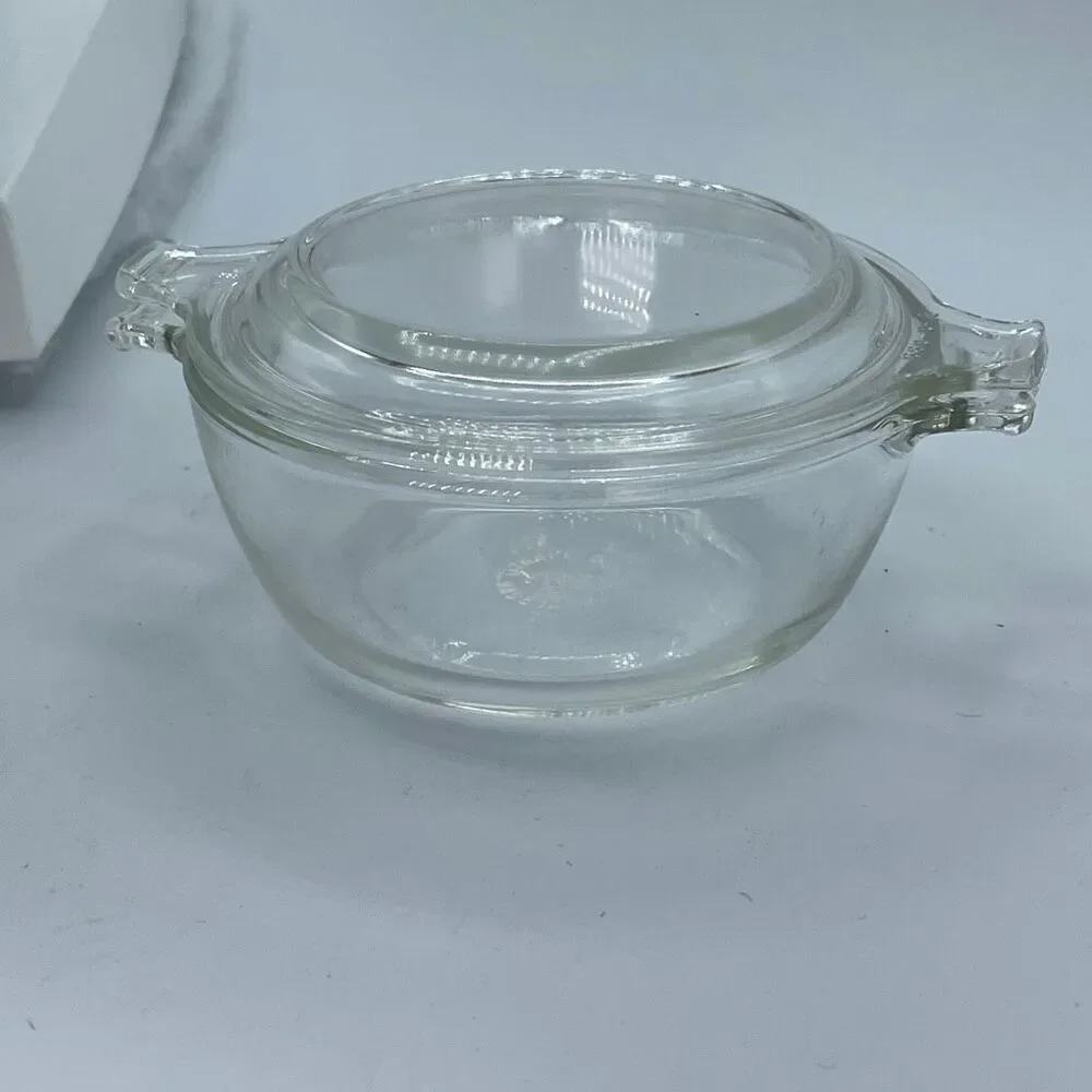 Vintage Pyrex #018 clear glass mini 10oz casserole dish. Two pieces